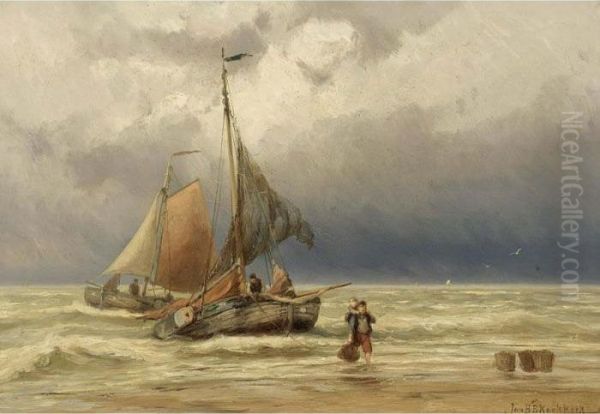 Bomschuiten Near The Coast Oil Painting by Johannes Hermann Barend Koekkoek