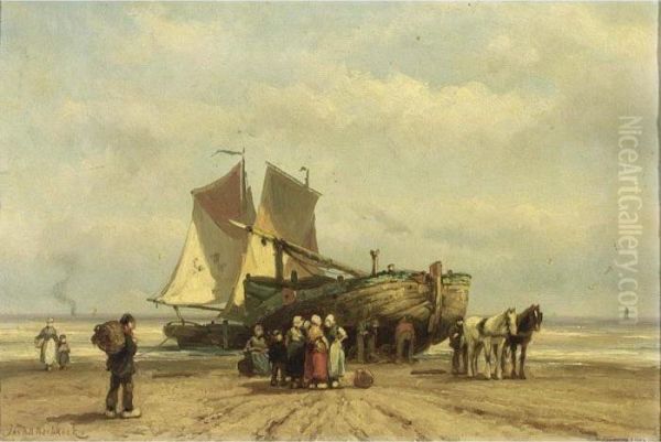 Fisherfolk By A Beached Bomschuit Oil Painting by Johannes Hermann Barend Koekkoek