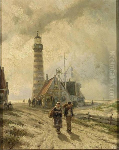 Fishermen On The Beach Near The Lighthouse, Ijmuiden Oil Painting by Johannes Hermann Barend Koekkoek