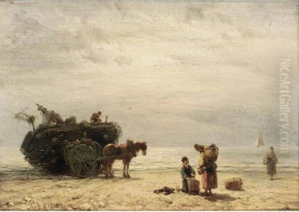 Fisherfolk On The Beach Oil Painting by Johannes Hermann Barend Koekkoek