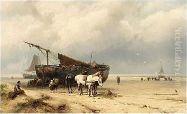 Fisherfolk By A Beached Oil Painting by Johannes Hermann Barend Koekkoek