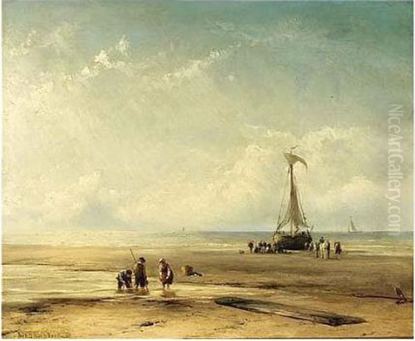 Figures By A Beached Bomschuit Oil Painting by Johannes Hermann Barend Koekkoek