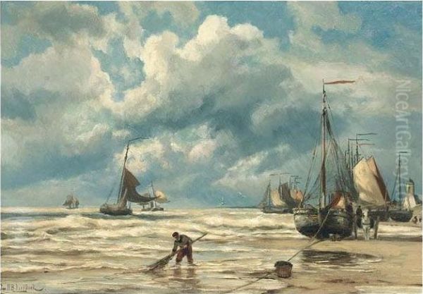 Bomschuiten With Fishermen On Katwijk Beach Oil Painting by Johannes Hermann Barend Koekkoek