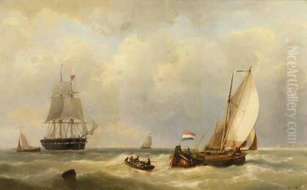 Sailors In A Rowingboat Approaching A Three-master At Sea Oil Painting by Johannes Hermann Barend Koekkoek