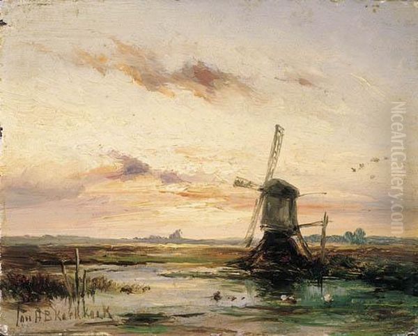 A Windmill In A Polder Landscape At Sunset Oil Painting by Johannes Hermann Barend Koekkoek