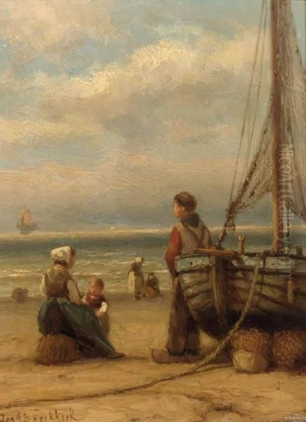 Fisherfolk On The Beach Oil Painting by Johannes Hermann Barend Koekkoek