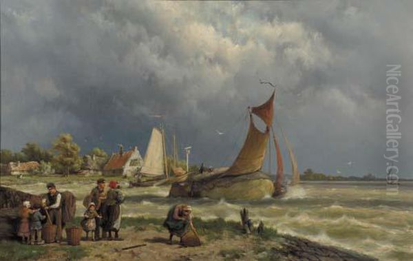 A Haybarge Setting Out In A River Estuary With A Stormapproaching Oil Painting by Johannes Hermann Barend Koekkoek