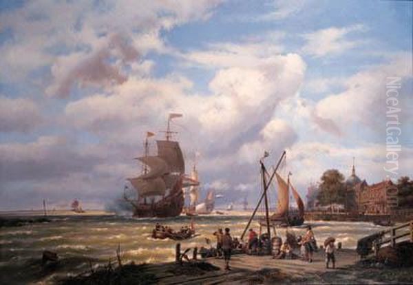 A V.o.c. Merchantship In The Roads Of Dordrecht With Numerousfigures On A Quay Oil Painting by Johannes Hermann Barend Koekkoek