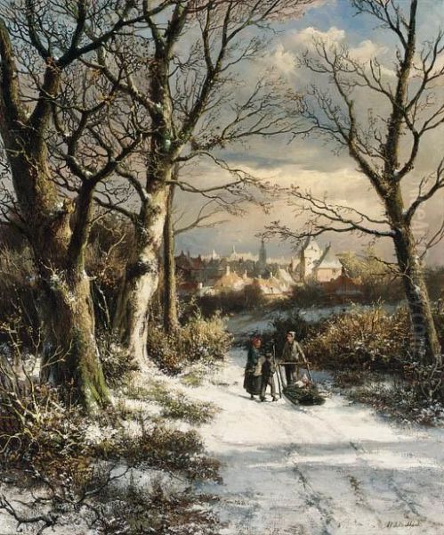 Figures On A Snowy Road Oil Painting by Johannes Hermann Barend Koekkoek