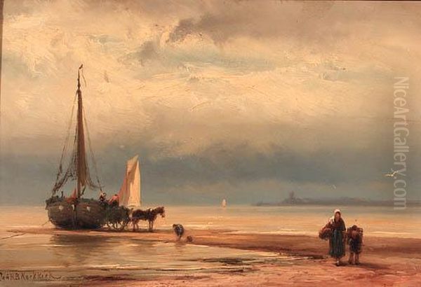 A Beached Bomschuit Oil Painting by Johannes Hermann Barend Koekkoek