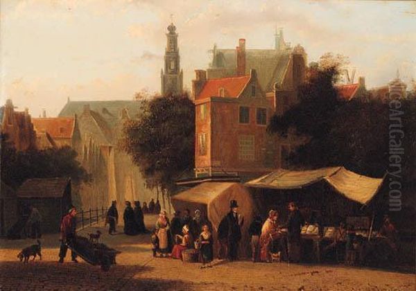 Market Day In A Dutch Town Oil Painting by Johannes Hermann Barend Koekkoek