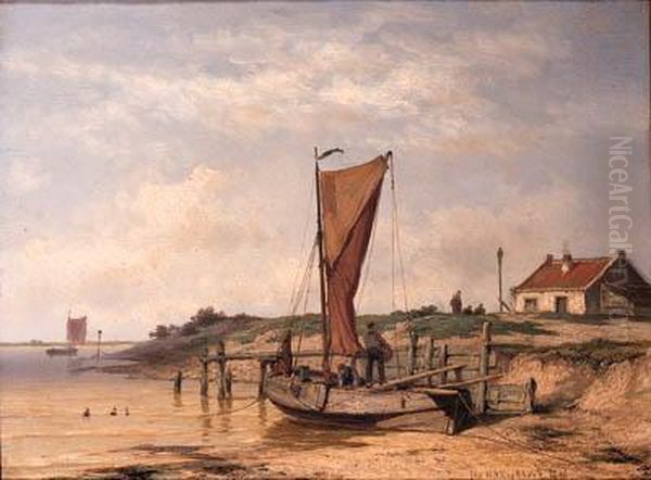 Fishermen Unloading A Beached Coastal Craft Oil Painting by Johannes Hermann Barend Koekkoek