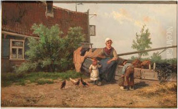 Fisherfamily In A Yard Oil Painting by Johannes Hermann Barend Koekkoek