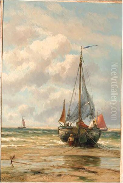 A Bomschuit In The Breakers Oil Painting by Johannes Hermann Barend Koekkoek