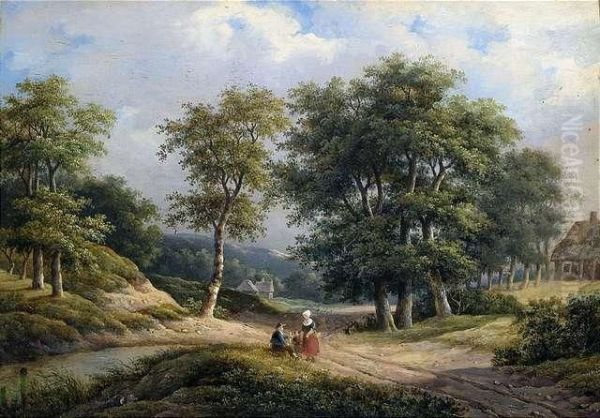 Dutch Landscape With A Peasant Family. Oil Painting by Marianus Adrianus Koekkoek