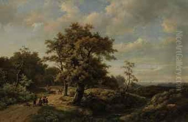 Figures Resting By A Stream In A Wooded Landscape Oil Painting by Marianus Adrianus Koekkoek