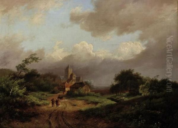 Landscape With Travellers Along A Path Oil Painting by Marianus Adrianus Koekkoek