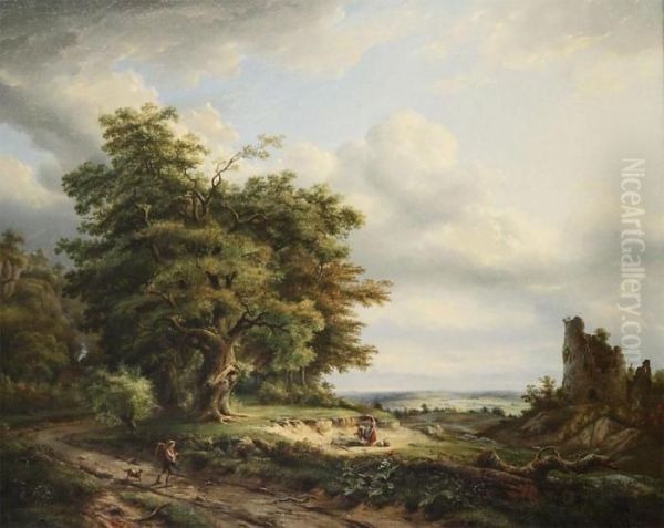 Wood Gatherers At The Fringe Of The Woods With Ruin Oil Painting by Marianus Adrianus Koekkoek