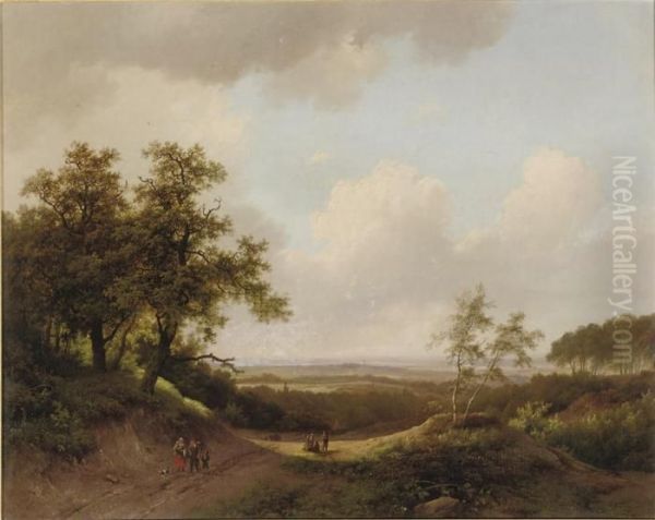 An Extensive Summer Landscape With Figures On A Path Oil Painting by Marianus Adrianus Koekkoek