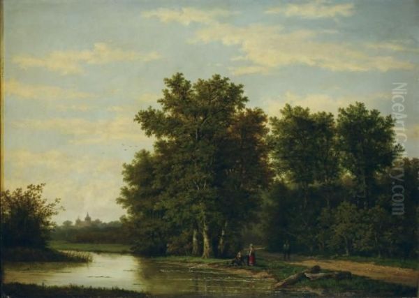 Landschaft Mit Anglern Oil Painting by Marianus Adrianus Koekkoek