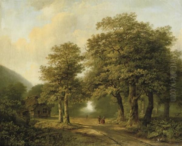 A Forest With Figures On A Sunlit Path Oil Painting by Marianus Adrianus Koekkoek