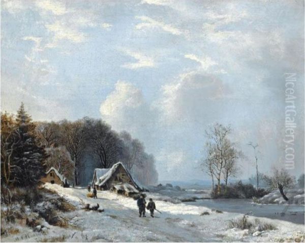 Figures On A Country Road In A Snow Covered Landscape Oil Painting by Marianus Adrianus Koekkoek