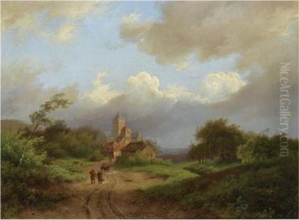 Figures On A Country Road On A Windy Day Oil Painting by Marianus Adrianus Koekkoek