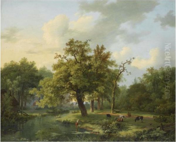 A Dutch Summer Landscape Oil Painting by Marianus Adrianus Koekkoek