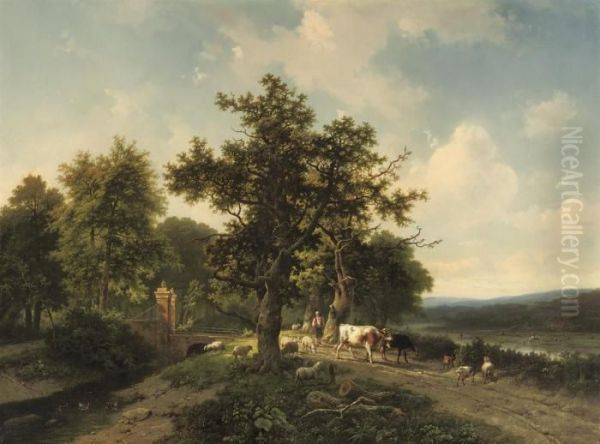 A Panoramic River Landscape With Cattle Near A Bridge Oil Painting by Marianus Adrianus Koekkoek