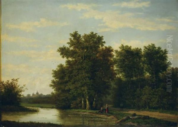 Landschaft Mit Anglern. Oil Painting by Marianus Adrianus Koekkoek