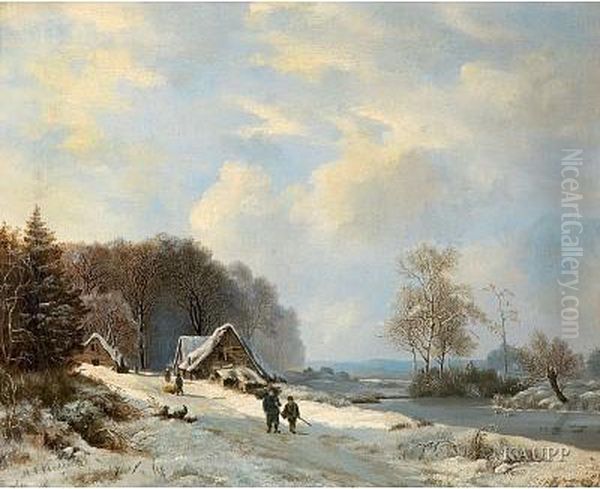 Winterliche Flusslandschaft Mit Holzsammlern by Marianus Adrianus Koekkoek