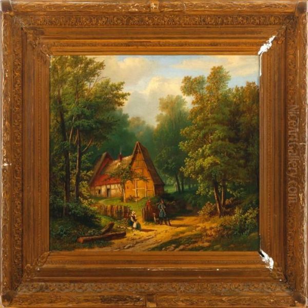 A Landscapescenery With Persons And A Dog Oil Painting by Marianus Adrianus Koekkoek