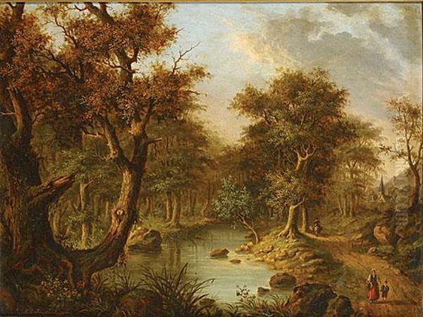 Bosweg Bij Rivier Met Personages. Oil Painting by Marianus Adrianus Koekkoek