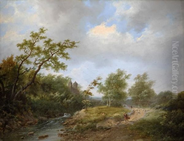 Fluslandschaft Mit Schlossansicht Und Landvolk. Oil Painting by Marianus Adrianus Koekkoek