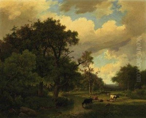 Summerly River Landscape With Grazing Cattle. Signed And Dated Lower Left: M.a. Koekkoek Oil Painting by Marianus Adrianus Koekkoek