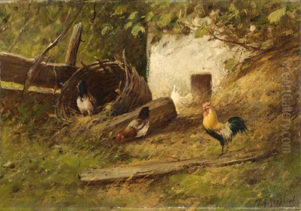 Three Chickens And A Rooster On A Farmyard Oil Painting by Marianus Adrianus Koekkoek