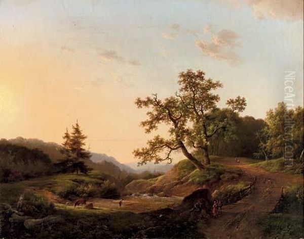 A River-crossing In A Wooded Valley Oil Painting by Marianus Adrianus Koekkoek