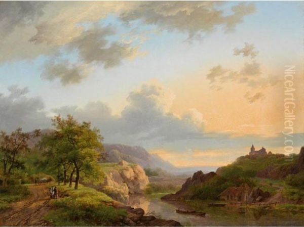 Travellers In An Extensive River Landscape Oil Painting by Marianus Adrianus Koekkoek