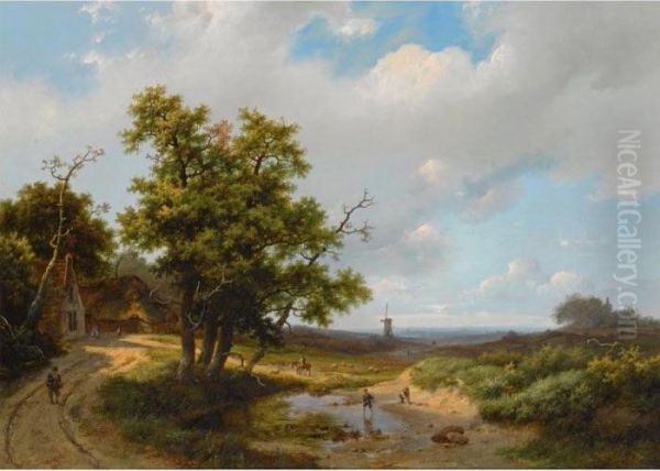 Travellers In An Extensive Summer Landscape Oil Painting by Marianus Adrianus Koekkoek