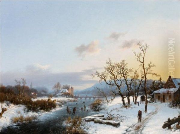 Figures In An Extensive Winter Landscape Oil Painting by Marianus Adrianus Koekkoek