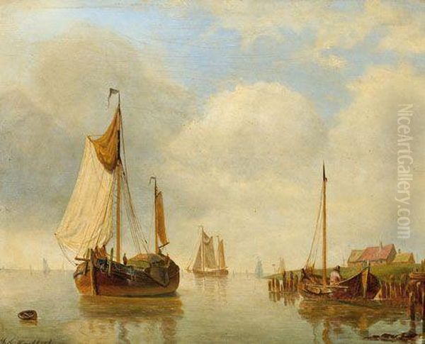 Sailing Ships On A Calm Sea Oil Painting by Marianus Adrianus Koekkoek