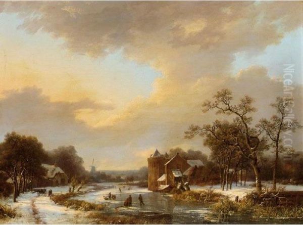 An Extensive Dutch Winter Landscape With Figures On A Frozen River Oil Painting by Marianus Adrianus Koekkoek