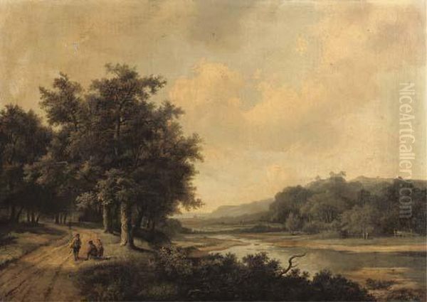 Travellers Resting On A Sandy Track Near A River Oil Painting by Marianus Adrianus Koekkoek