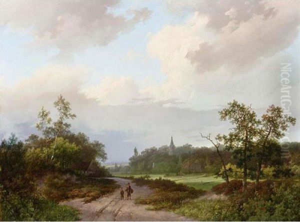 Travellers On A Country Road A Church In The Distance Oil Painting by Marianus Adrianus Koekkoek