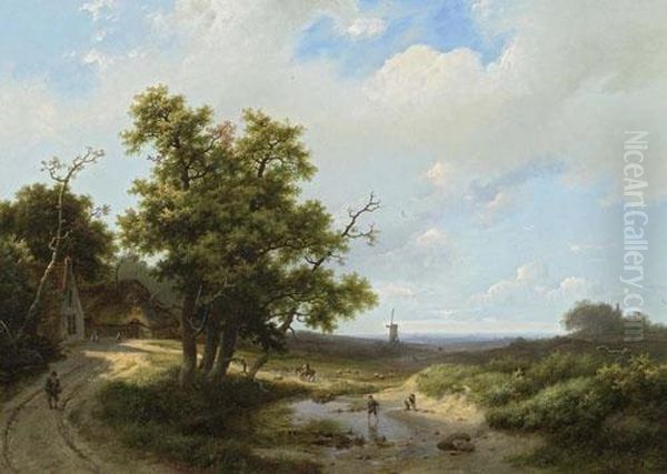 Reisende In Einer Sommerlandschaft. 1856. Oil Painting by Marianus Adrianus Koekkoek