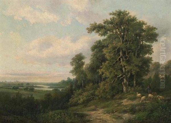 Landscape With Sheep And Herdsman. Oil Painting by Marianus Adrianus Koekkoek