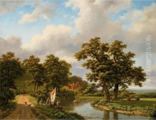 Wooded Landscape With Figures And Cattle By A River Oil Painting by Marianus Adrianus Koekkoek