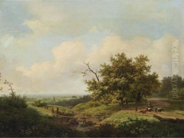 An Extensive Summer Landscape With Travellers On A Path Oil Painting by Marianus Adrianus Koekkoek