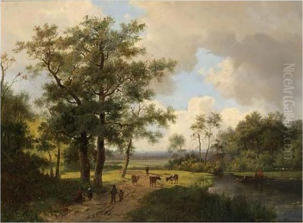 A Summer Landscape With Peasants On A Sandy Track Oil Painting by Marianus Adrianus Koekkoek