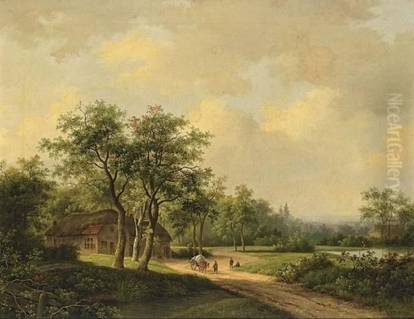 Travellers On A Country Road Oil Painting by Marianus Adrianus Koekkoek